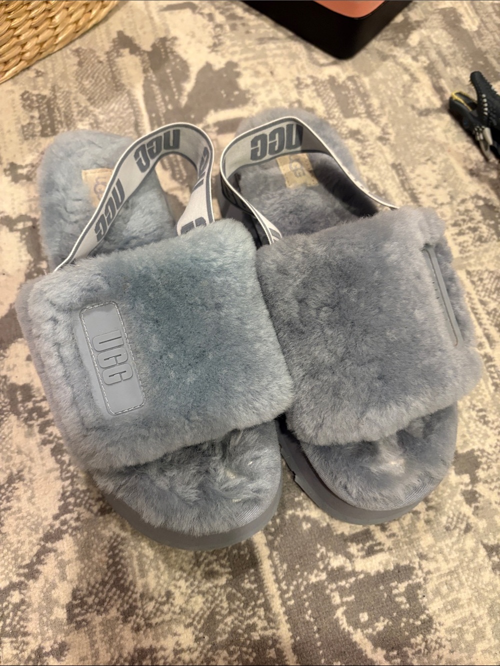 UGG Gray Fluff Slide Sandals with Branded Elastic Strap